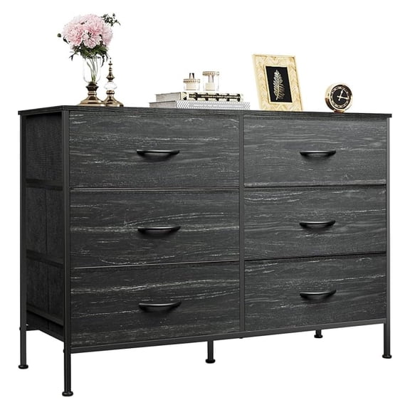 XiHuaZhaoChen 6 Drawer Dresser for Bedroom,Wide Fabric Dresser TV Stand for 50 Inches TV with Metal Frame,Wooden Top,Chest of Drawers,Dressers for Living Room,Hallway,Charcoal Black Wood Grain Print