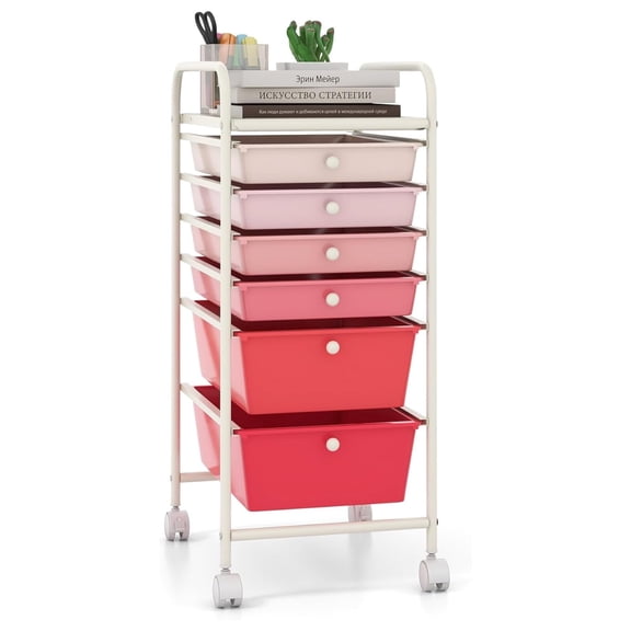 XiHuaZhaoChen 6 Storage Drawer Cart Rolling Organizer Cart for Tools Scrapbook Paper Home Office School Multipurpose Mobile Utility Cart (Pink Gradient)
