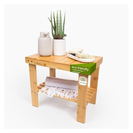 XiHuaZhaoChen,Bamboo Shower Bench 16”,Foot Rest Shaving Stool with Storage Shelf,Nonslip Feet & Waterproof Bathing Bench,Perfect for Indoor and Outdoor Use