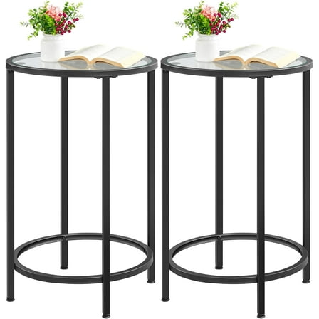 XiHuaZhaoChen Black Glass End Table Set of 2, Round Side Table Modern Style Tall End Table Accent Table with Glass Top & Metal Frame, 2pcs Glass Side Table for Living Room, Balcony, Bedroom