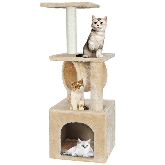 XiHuaZhaoChen Cat Tower Multi-Level Durable Cat Scratching Post & Cozy Fun Cat Jumping Platform Space Saving Cat Condo Pet Play House for Indoor Cats,36",Beige