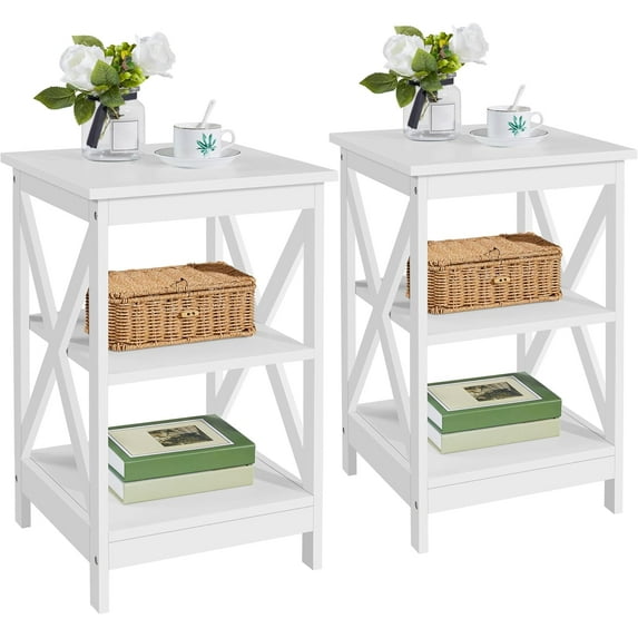 XiHuaZhaoChen End Tables Set of 2, 3-Tier Side Tables with Storage for Living Room, Sturdy X Design Wooden Large Sofa Side Table Storage Cabinet with Shelves, 16x16x24’’(LxWxH), White