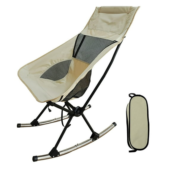 XiHuaZhaoChen Folding Rocking Camping Chair, Outdoor Portable Rocker with High Back & Carrying Bag, Breathable Fabric, Lightweight Rocker Camping Chair for Patio Garden,Beige
