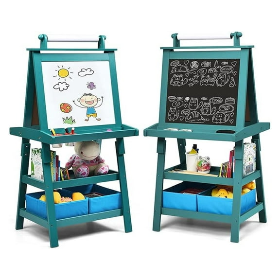 XiHuaZhaoChen Kids Art Easel,3 in 1 Double-Sided Wooden Easel w/Magnetic Whiteboard,Chalkboard & Paper Roll,2-Tier Rack w/ 2 Storage Boxes,Standing Easel for Kids,Toddlers,Boys,Girls (Blue)