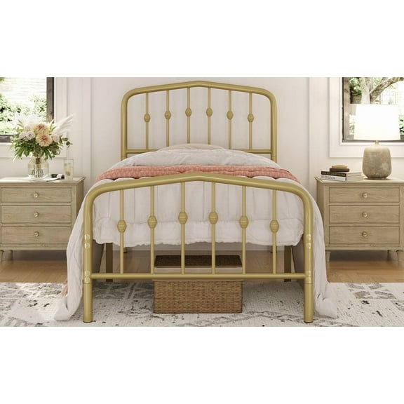 XiHuaZhaoChen Queen Bed Frames Metal Platform Bed with Victorian Style Wrought Iron Headboard and Footboard,Twin,Antique Gold