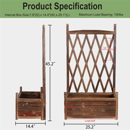 XiHuaZhaoChen Raised Garden Bed Planter with Trellis Outdoor Wood Box 67in Flower Standing Planter Box Privacy Lattice Panels with Legs for Patio Porch w/Drainage Holes,25.2x13.8x45.2in