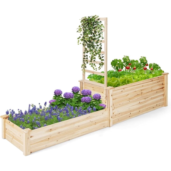 XiHuaZhaoChen Raised Garden Bed with Trellis, Set of 2 Wood Shallow & Deep Planter Box for Climbing Plants Cucumber Vegetables Flowers Herbs Fruits,Outdoor Rectangular Floor Gardening Beds