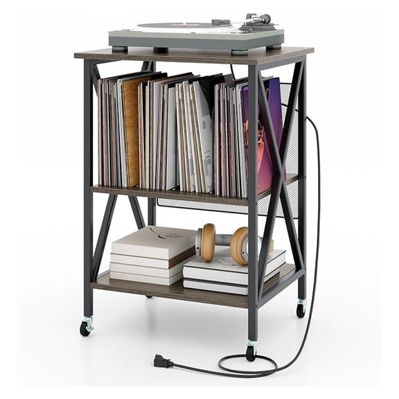 XiHuaZhaoChen Record Player Stand with Charging Station,Turntable Stand with Record Storage & 4 Rolling Wheels,Vinyl Record Storage Table up to 250 Albums for Living Room,Bedroom (Grey Oak)