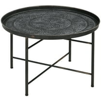 XiHuaZhaoChen Round Coffee Table with Hammered Tray Top, Vintage Metal Center Table for Living Room, Bedroom, Side Table,Pewter