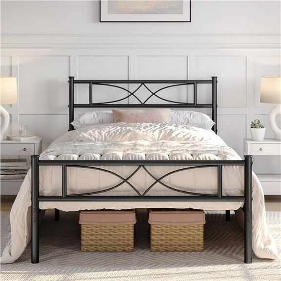 XiHuaZhaoChen Simple Metal Bed Frame with Curved Design Headboard and Footboard,  Underbed Storage No Box Spring Needed ,Black,Twin