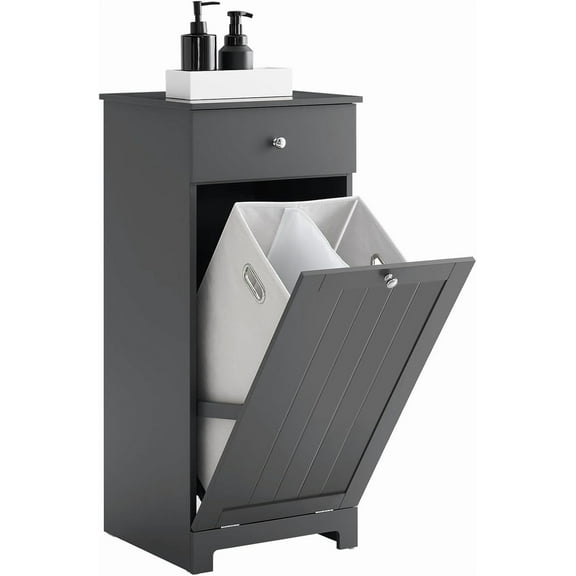 XiHuaZhaoChen Slim Short Laundry Cabinet with Hidden Hamper Bathroom Freestanding Chest Unit with Narrow Sliding Drawer Bath Tilt-Out Basket, Grey