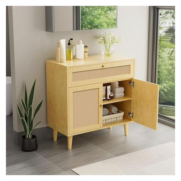 XiHuaZhaoChen Storage Cabinet with Rattan Decor Doors & Drawer, Modern Bathroom Floor Storage Cabinet Organizer, Freestanding Cupboard for Kitchen/Living Room Use,Light Oak
