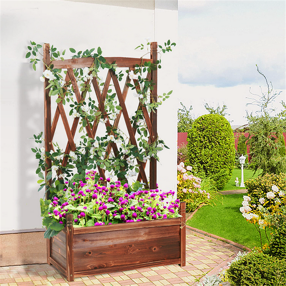 XiHuaZhaoChen Vertical Wooden Raised Garden Bed,Garden Planters Freestanding Wood Plant Stand Flower Rack Wooden Planter Box,Typle 1：Large Raised Garden Bed with Trellis