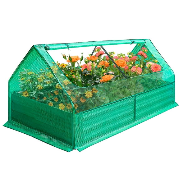 XiMeijiun Galvanized Raised Garden Bed with Cover, Outdoor Metal Planter Box 2 Roll-Up Windows Mini Greenhouse for Growing Flowers Fruits Vegetables and Herbs,