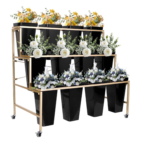 XiMeijiun,Three-layer metal flower display stand, plant display stand with wheels, 12 planting barrels, suitable for home, flower shop, wedding arrangement, etc.