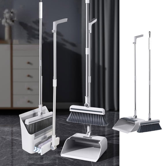 XiYing 3-In-1 Broom, Dustpan & Floor Brush Set | Stainless Steel Handle | Upright Storage for Home, Kitchen, Office | 180° Rotating Head, Pet Hair Comb | 33-Inch Long Handle | Plastic