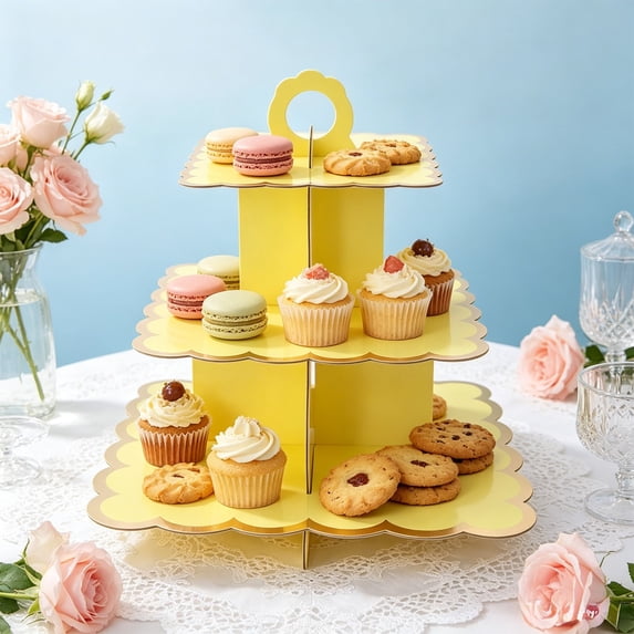 XiYing 3 Tier Cupcake Stand Dessert Tower for Birthday Wedding Party Decor Plastic Graduated Display Stand with Scalloped Edge - 11.41 X 11.22 Inch for Cupcakes Pastries Cookies Snacks Home Kitchen