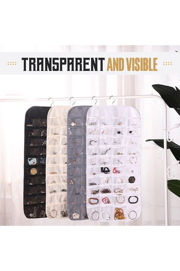 80-Pocket Hanging Jewelry Organizer, Double-Sided, Non-Woven Fabric, for Necklaces and Earrings, with Plastic Zippers, Wall Or Door Storage