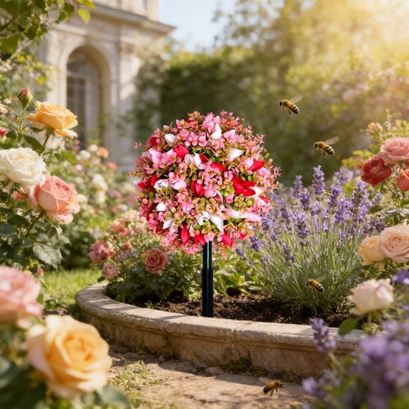 XiYing Artificial Rose Ball Tree with Ground Stake, Outdoor & Indoor Decoration, Plastic, 40X25 Cm, 1 Piece