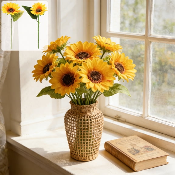 XiYing Artificial Sunflower Bouquet, 13-Inch Single Fake Sunflowers for Wedding Centerpieces, Home Decor, Tabletop Arrangements, Photography Props, Yellow Plastic Flowers