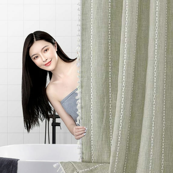 XiYing Bohemian Linen Shower Curtain, Heavy Duty Water Repellent Fabric with Tassels, Striped Design for Bathroom, 90X180Cm, 1 Shower Curtain with 12 Hooks