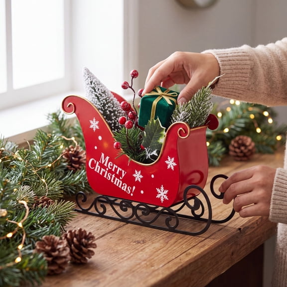 XiYing Christmas Sleigh Shaped Iron Flower Basket Decor Holiday Tabletop Centerpiece for Christmas Party Cute Festive Home Accent, No Assembly Required
