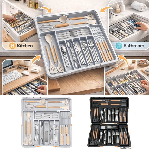 XiYing Expandable Kitchen Utensil Drawer Tray Scalable Storage Box 9 Compartments Silverware Organizer Adjustable 13.2 To 22 Inches Wide