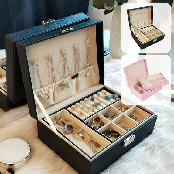 XiYing Leather Jewelry Box with Lock, Large Capacity Storage Organizer for Earrings Necklaces Rings, Stackable Trays, Black Or Pink, 9.05X7.01X3.54 Inches, 1 Piece