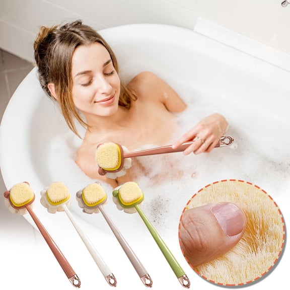 XiYing Long Handle Double-Sided Scrub Brush Soft Bristle Shower Tool 2-In-1 Bath Brush Ball Flower Design Rub Back Brush 14 Inch Body Scrubber for Back and Shoulder