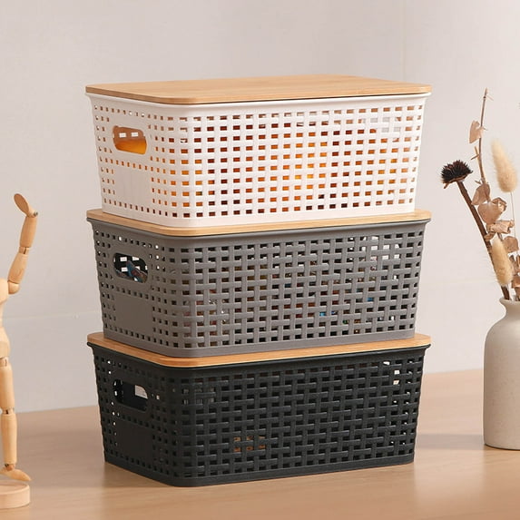XiYing Plastic Storage Basket with Lid, Stackable Woven Design for Home Organization