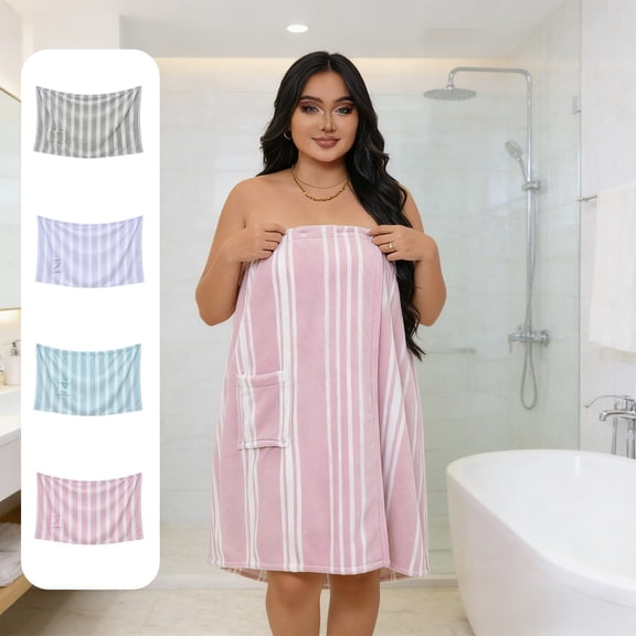 XiYing Plus Size Striped Coral Fleece Wearable Bath Towel Wrap Skirt, Soft Absorbent Womens Spa Robe, Fits 110-200 Lbs, Large Wide, 1 Towel