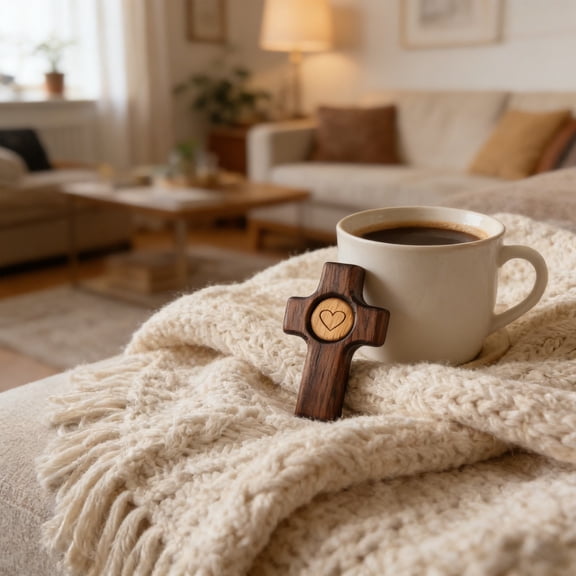 XiYing Small Wooden Pocket Crucifix with Heart Button for Stress Relief, Prayer and Fidgeting, Handheld Walnut Cross, 5 X 3 Cm, 1 Piece