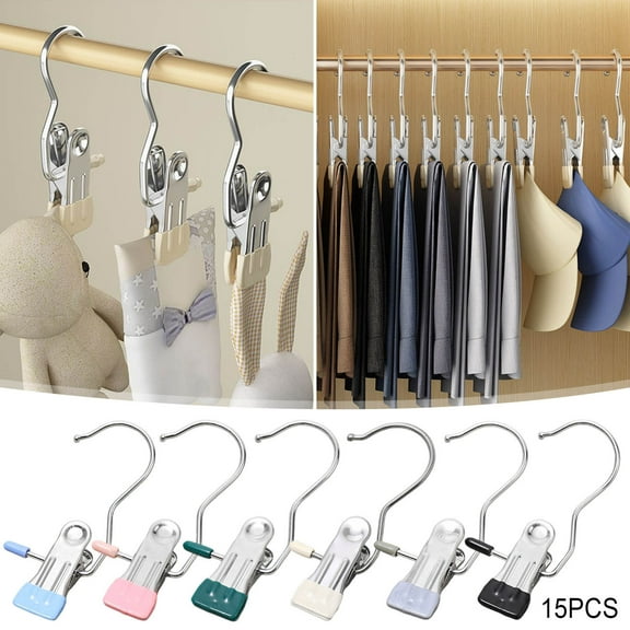 XiYing Stainless Steel Heavy Duty Hanging Clips with Hooks, Non-Slip Rubber Grip, 360-Degree Rotation, for Clothes, Towels, Hats, Socks, Pants, Space-Saving Closet Organizer, 15-Pack
