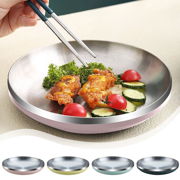 XiYing Stainless Steel Insulated Plate for Fruits|Portable Tableware|Double Layer Heat Retention|7.9X7.9X1.5 Inches|Rust Proof|Durable Dish|Household Serving|Outdoor Use