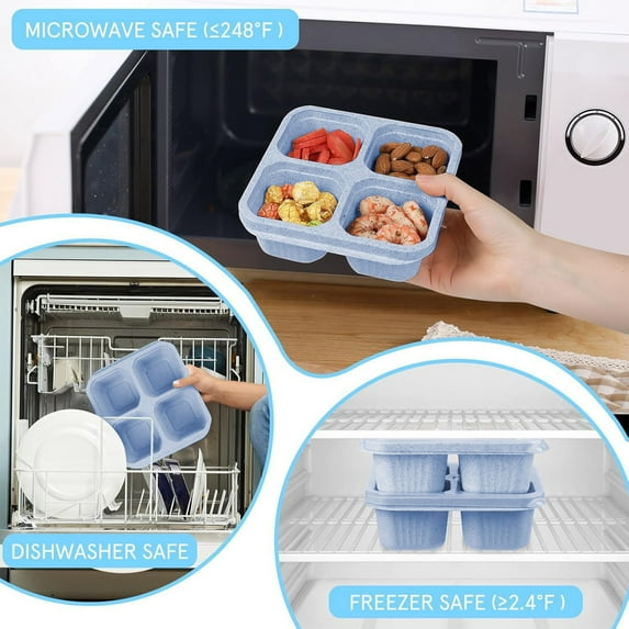 XiYing Wheat Straw Square 4-Compartment Lunch Box with Transparent Lid, Fruit Compartment, Refrigerator Fresh, Stackable, Dishwasher Safe, for Office, 8.27X2.36X2.17In, 1-Pack