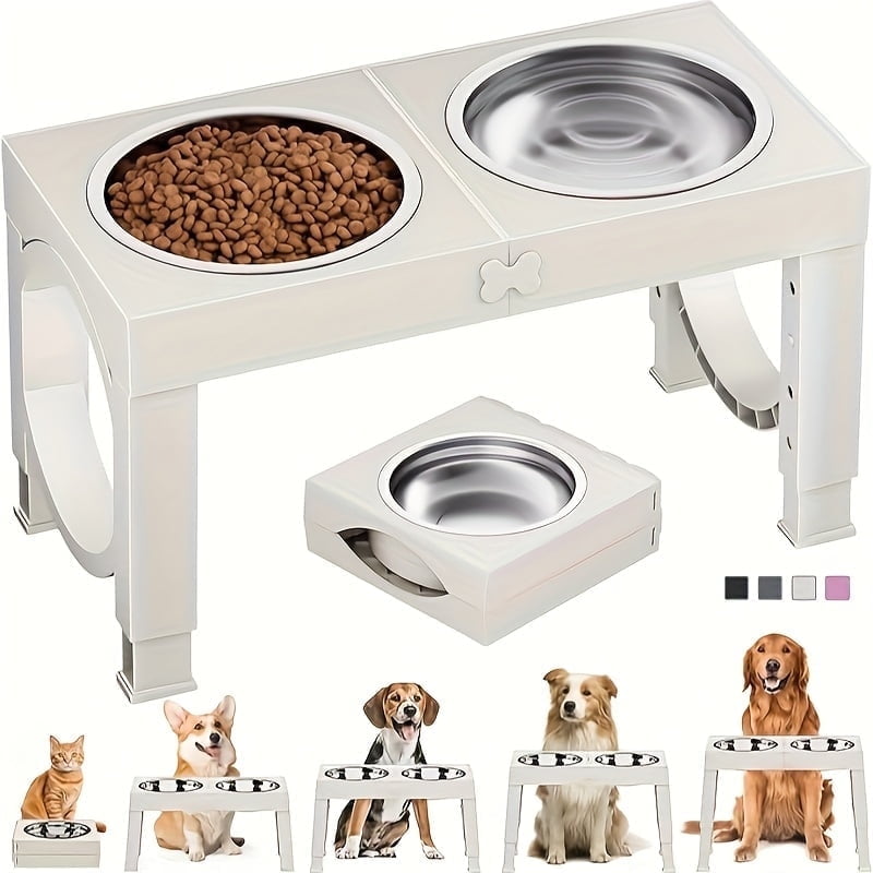 Aystkniet Adjustable Raised Dog Feeder, Double Collapsible Pet Bowls, 2 Stainless Steel Bowls, 5 Heights, White