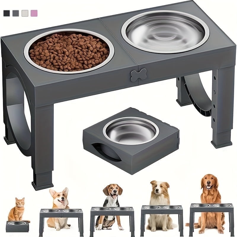 Aystkniet Adjustable Foldable Elevated Dog Bowls with 2 Stainless Steel Bowls, 5 Heights Raised Feeder, Gray