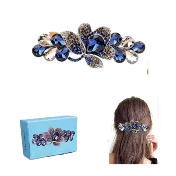 Xiagnwenlan  A crystal hairpin with box, Elegant Crystal Hair Barrette, Blue and Silver Rhinestone Flower Design, Large Metal Hair Clip for Women and girls.