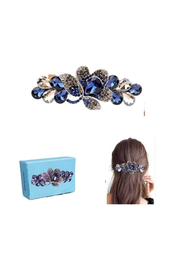 Xiagnwenlan A crystal hairpin with box, Elegant Crystal Hair Barrette, Blue and Silver Rhinestone Flower Design, Large Metal Hair Clip for Women and girls.