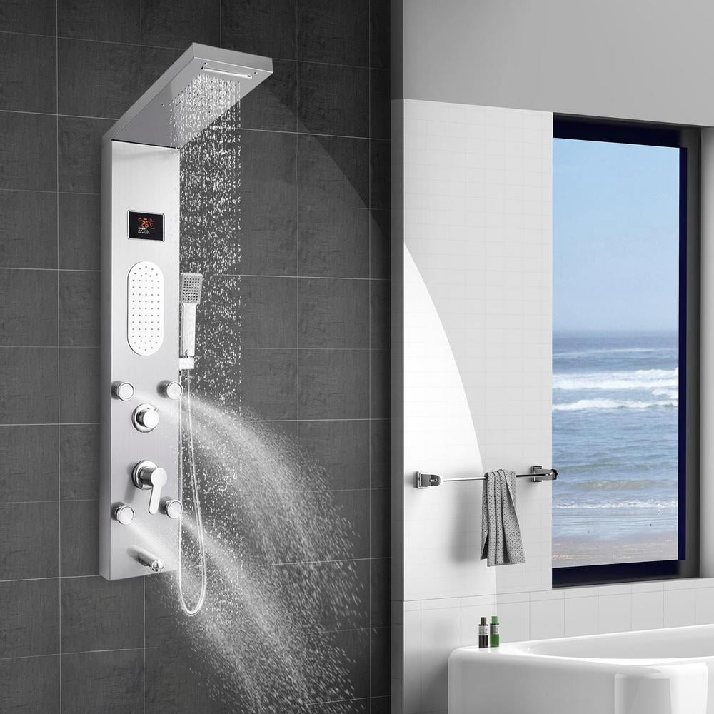 Xianers Stainless Steel Shower Panel Tower System,LED Rainfall Waterfall Shower Head Faucet Rain Massage System with Body Jets, Brushed Nickel