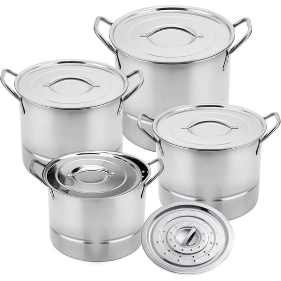 XiangJi 12-Piece Stainless Steel Stock Pot and Steamer Set Large Cooking Pots with Lids For Soup, Boiling, Canning, Steaming, Tamales 6.5/9.5/12/16 Quart