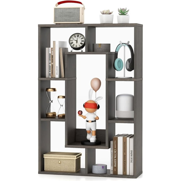 XiangJi 35.5 Geometric Bookshelf, Freestanding Wood Open Bookcase with 7 Cubes, Anti-Toppling Devices, Home Office Dcor Rectangular Storage Shelf Display Rack for Study Living Room (1, Gray)