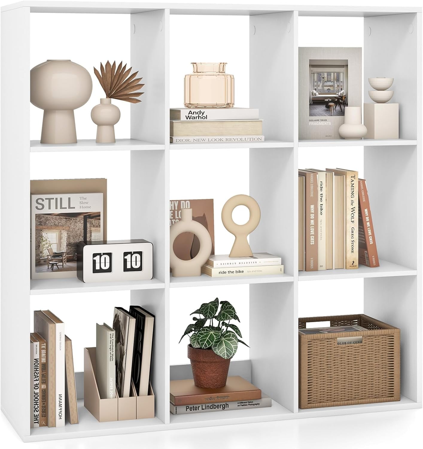XiangJi 9-Cube Bookcase, 4-Tier Bookshelf with Open Compartments, Freestanding Cube Storage Organizer with Anti-Toppling Kits, Modern Display Shelf for Living Room, Study, Office, White (1,9-Cube)