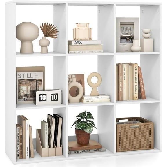 XiangJi 9-Cube Bookcase, 4-Tier Bookshelf with Open Compartments, Freestanding Cube Storage Organizer with Anti-Toppling Kits, Modern Display Shelf for Living Room, Study, Office, White (1,9-Cube)
