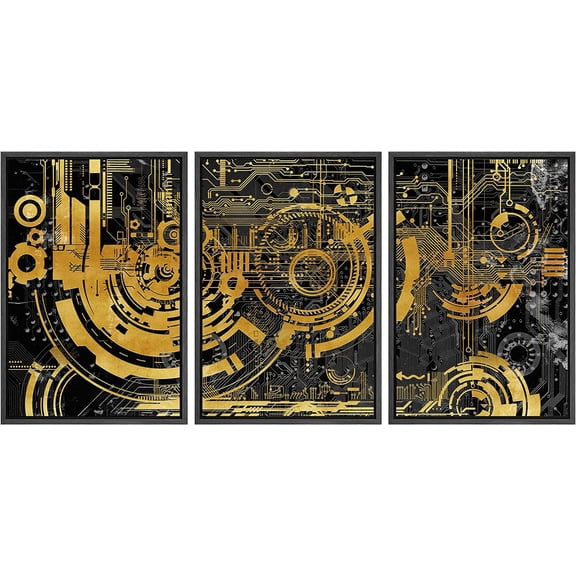 XiangJi Framed Canvas Print Wall Art Set Futuristic Gold Sci-Fi Fantasy Train Wheels Abstract Shape Illustration Modern Art Decorative Expressive for Living Room, Bedroom, Office - 16"x24"x3 Black