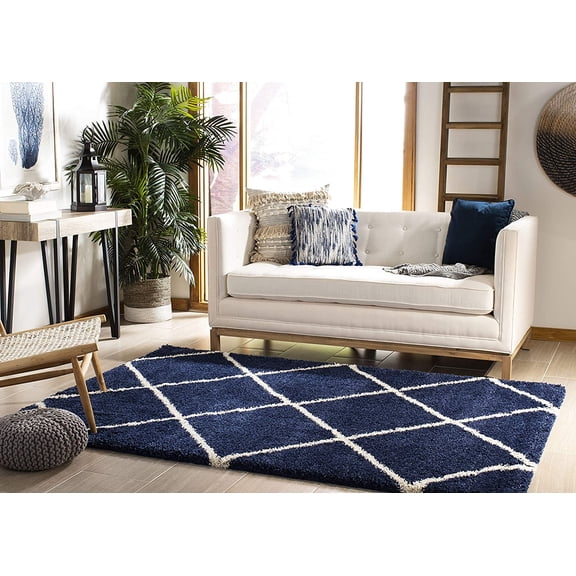 XiangJi Hudson Shag Collection Area Rug - 5'3" x 7'6", Navy & Ivory, Modern Trellis Design, Non-Shedding & Easy Care, 2-inch Thick Ideal for High Traffic Areas in Living Room, Bedroom (SGH281C)