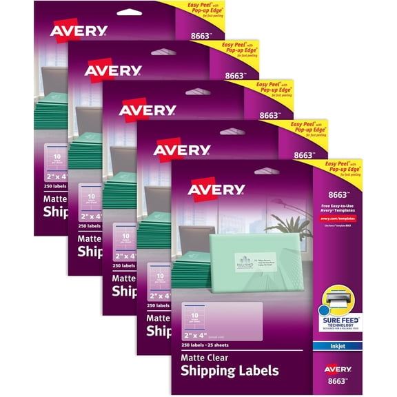 XiangJi Printable Shipping Labels with Sure Feed, 2" x 4" Customizable Stickers, Matte Clear, 1,250 Blank Mailing Labels Total, Great for Mailing, Shipping, and More (5-Pack of 8663)