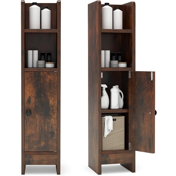 XiangJi Small Bathroom Storage Cabinet, Narrow Slim Corner Floor Cabinet with Adjustable Shelf & 2 Open Shelves, Bathroom Storage for Small Spaces, Laundry & Kitchen, 8 x 7 x 31.5 Inch (Rustic Brown)