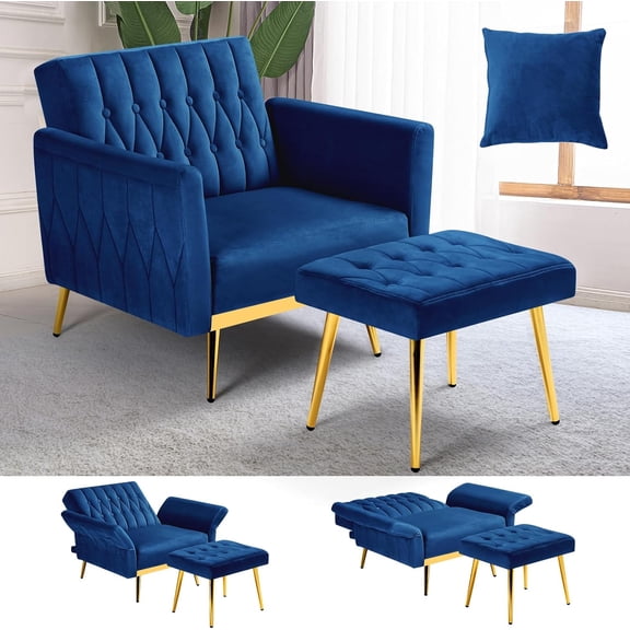 XiangJi Velvet Accent Chair with Adjustable Armrests and Backrest, Button Tufted Lounge Chair, Single Recliner Armchair with Ottoman and Pillow for Living Room, Bedroom, Blue