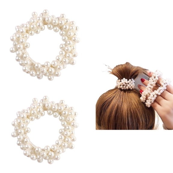 Xiangwenlan Pearl Hair Scrunchies, Elastic Hair Ties, Beaded Ponytail Holders for Women, Cream White, 2 Pack